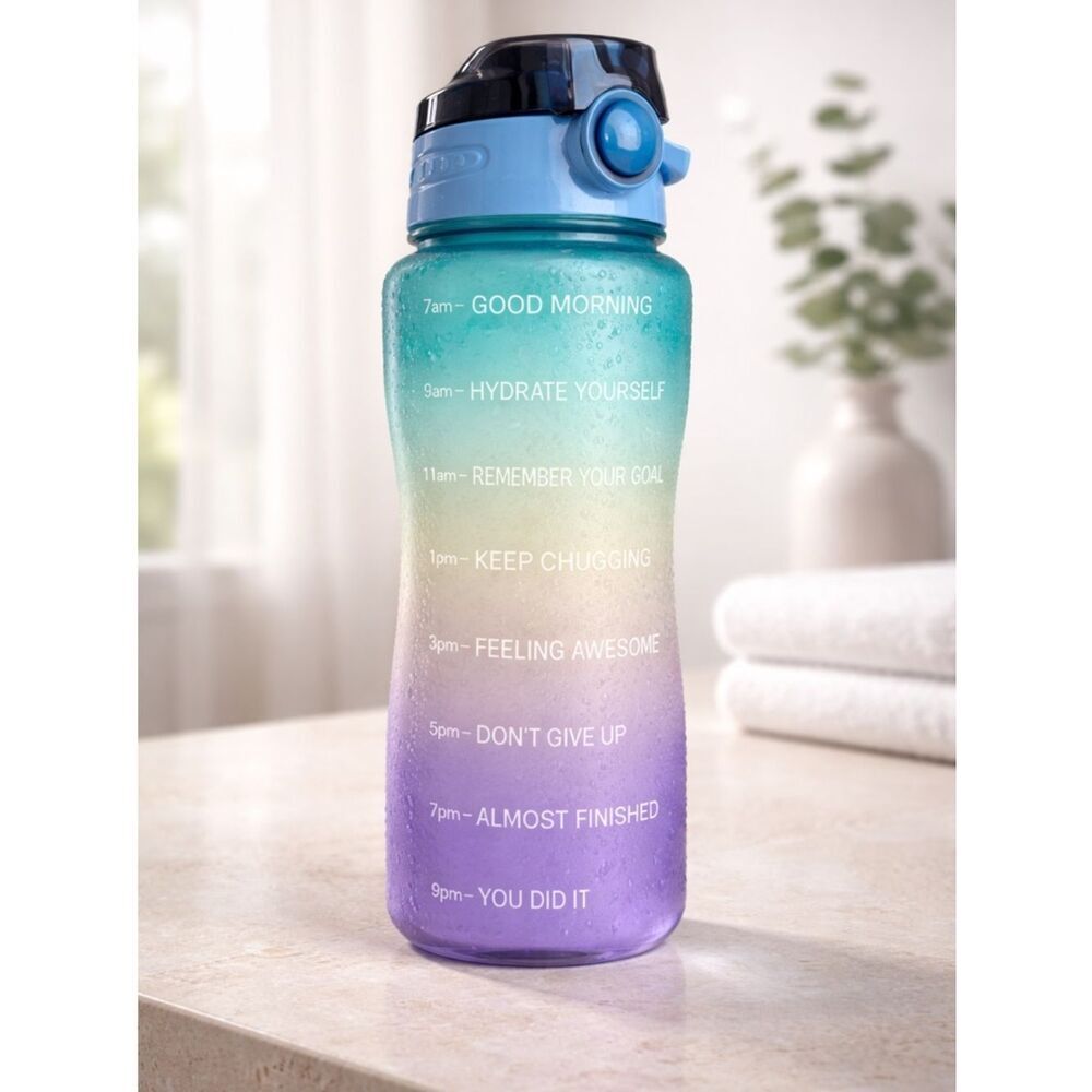 EUC - Motivational 64oz Water Bottle Time Markers Ounce Marker with Straw - Blue